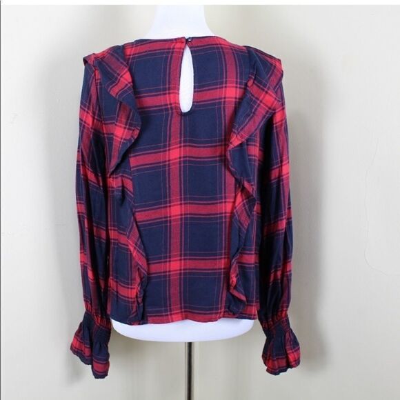 Kenzie Jeans Long Sleeve Ruffle Plaid Blouse large - Picture 4 of 5